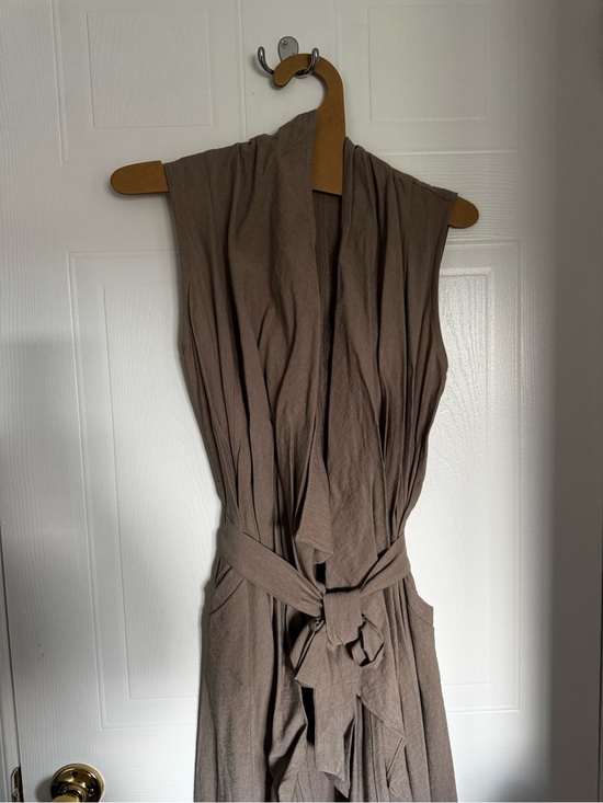 Tops - Sleeveless Taupe Wrap Tunic with Waist Tie